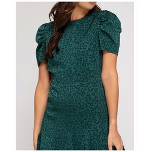She and Sky Leopard Print Puff Sleeve Dress In Red Or Green